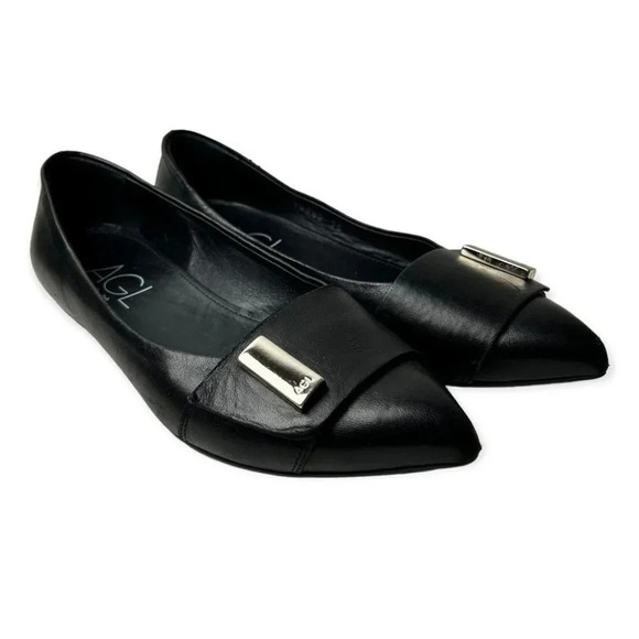 AGL Attilio Giusti Leombruni Black  Leather Pointy Flats - Picture 2 of 11